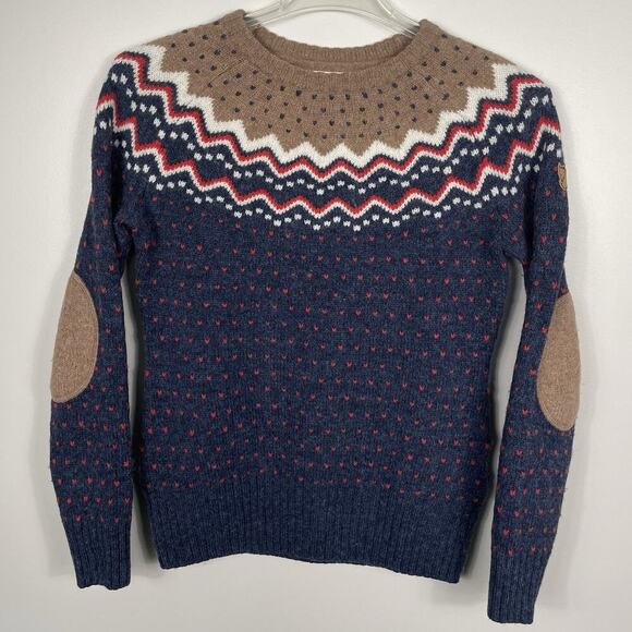 Fjallraven Fair Isle Sweater Women’s XS Navy Birdseye Ovik Nordic Elbow Patches - Picture 1 of 9